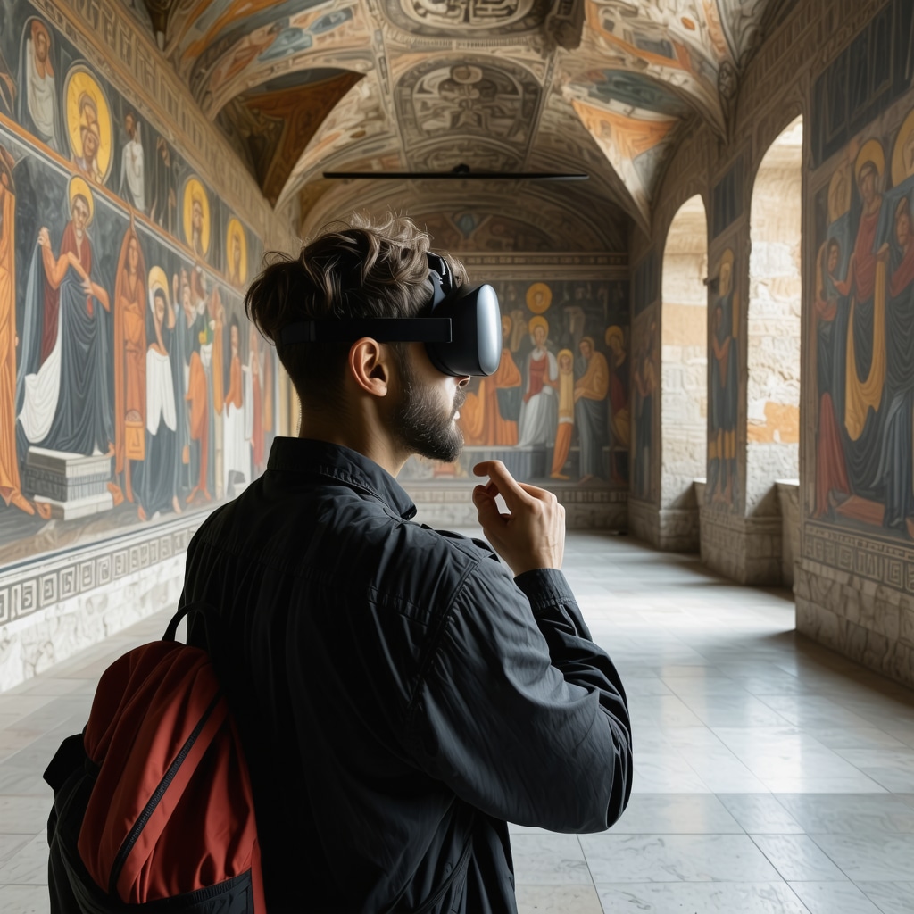 Tourist using augmented reality glasses to view frescoes in Patriarchal Monastery of Peja