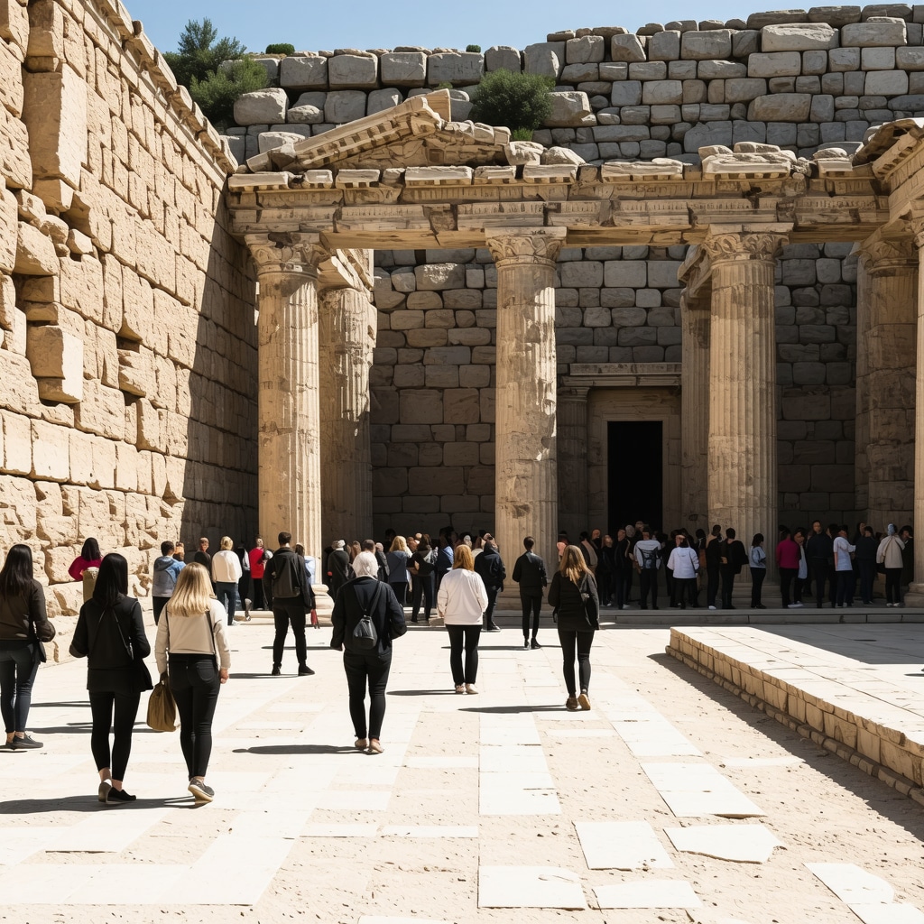Tourists walking among ancient ruins at Delphi archaeological site with museum exhibits