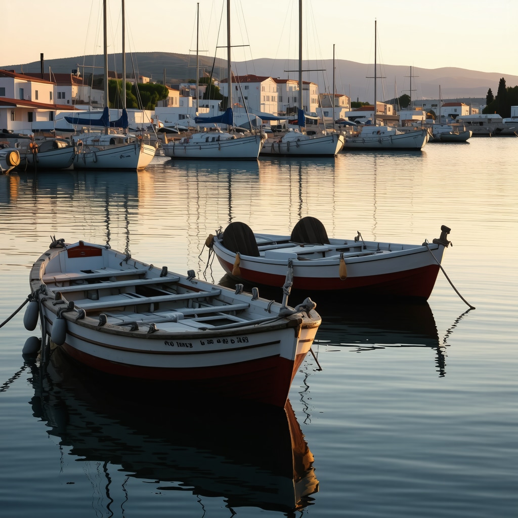 Sunrise over Vodice marina with boats and Mediterranean atmosphere