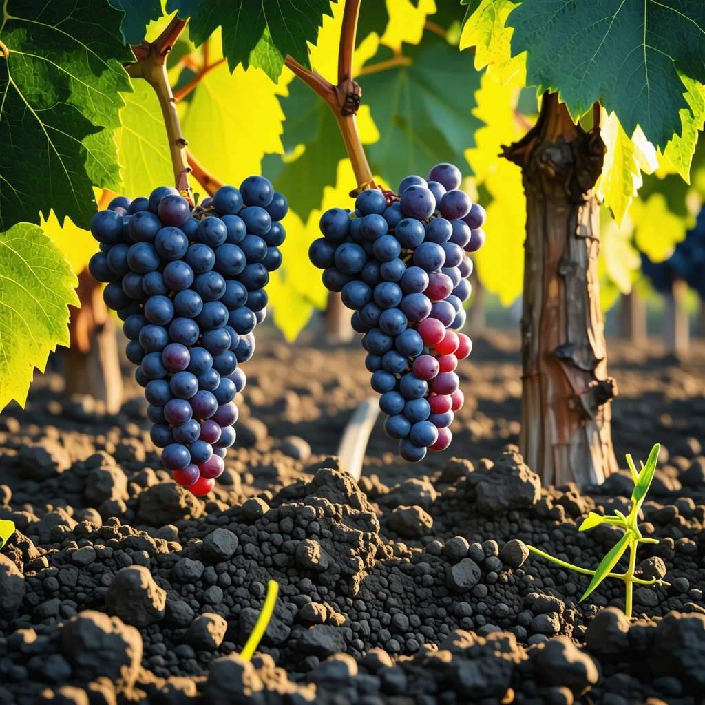 Close-up of volcanic soil with ripe Vranec grapes in Tikveš vineyard under sunlight