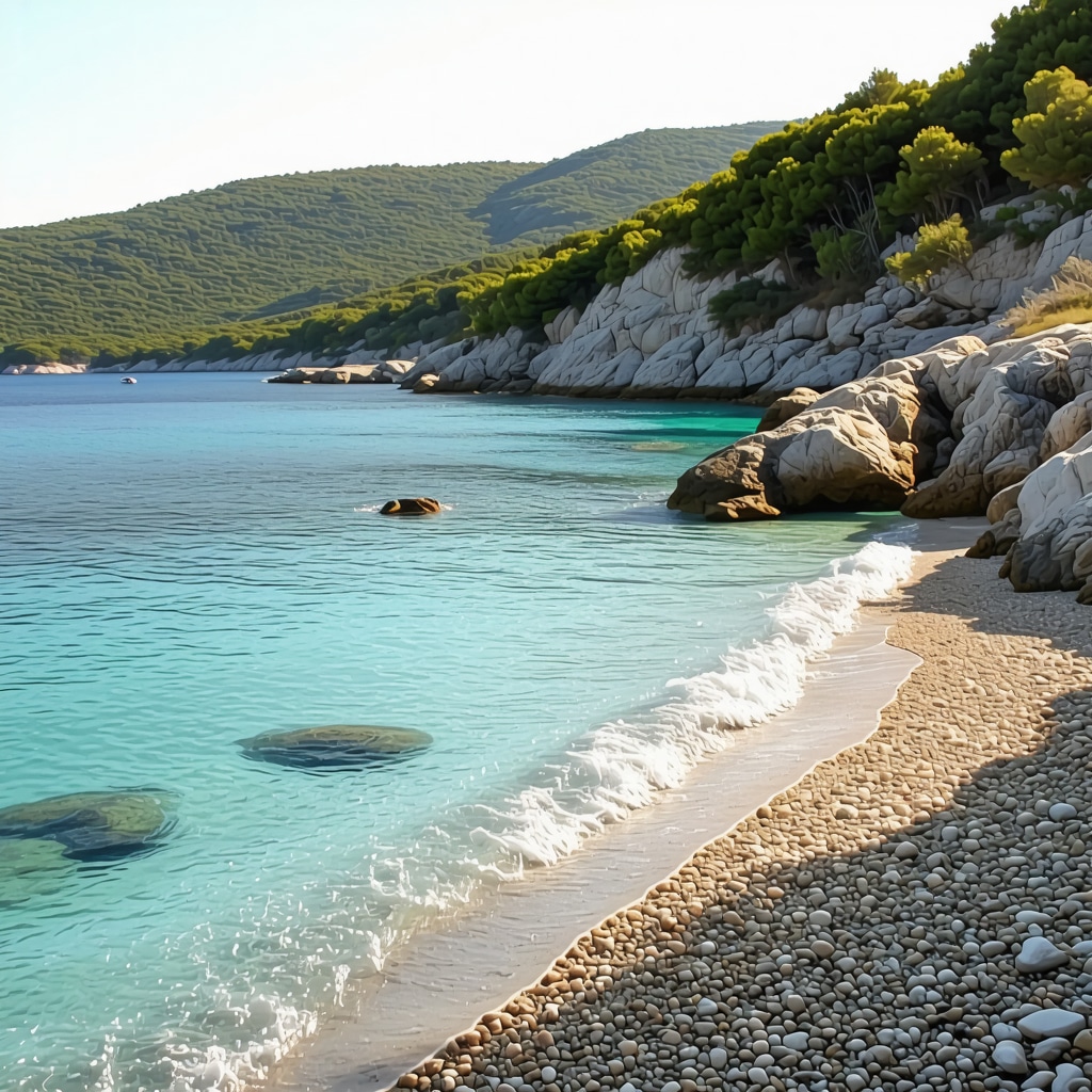 Wild beach with clear water and lush greenery on Lastovo island during sunset