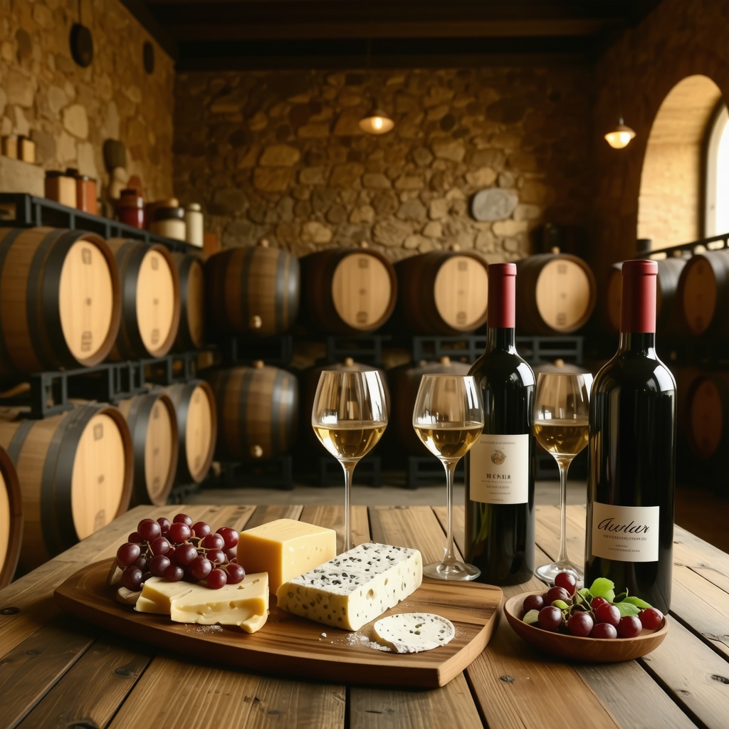 Interior of a traditional Dalmatian winery with barrels and tasting table featuring local wine and cheeses