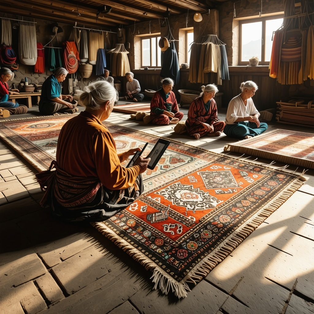 Artisans weaving traditional carpets in Korçë with augmented reality digital overlays