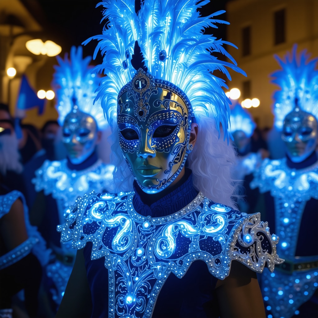 Colorful Xanthi carnival participants with traditional masks and modern digital light projections at night