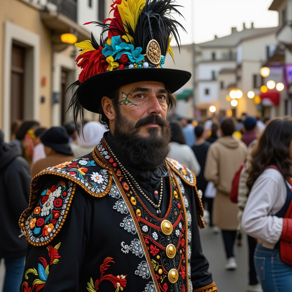 Festival participants in traditional costumes interacting with augmented reality elements during Xanthi Carnival
