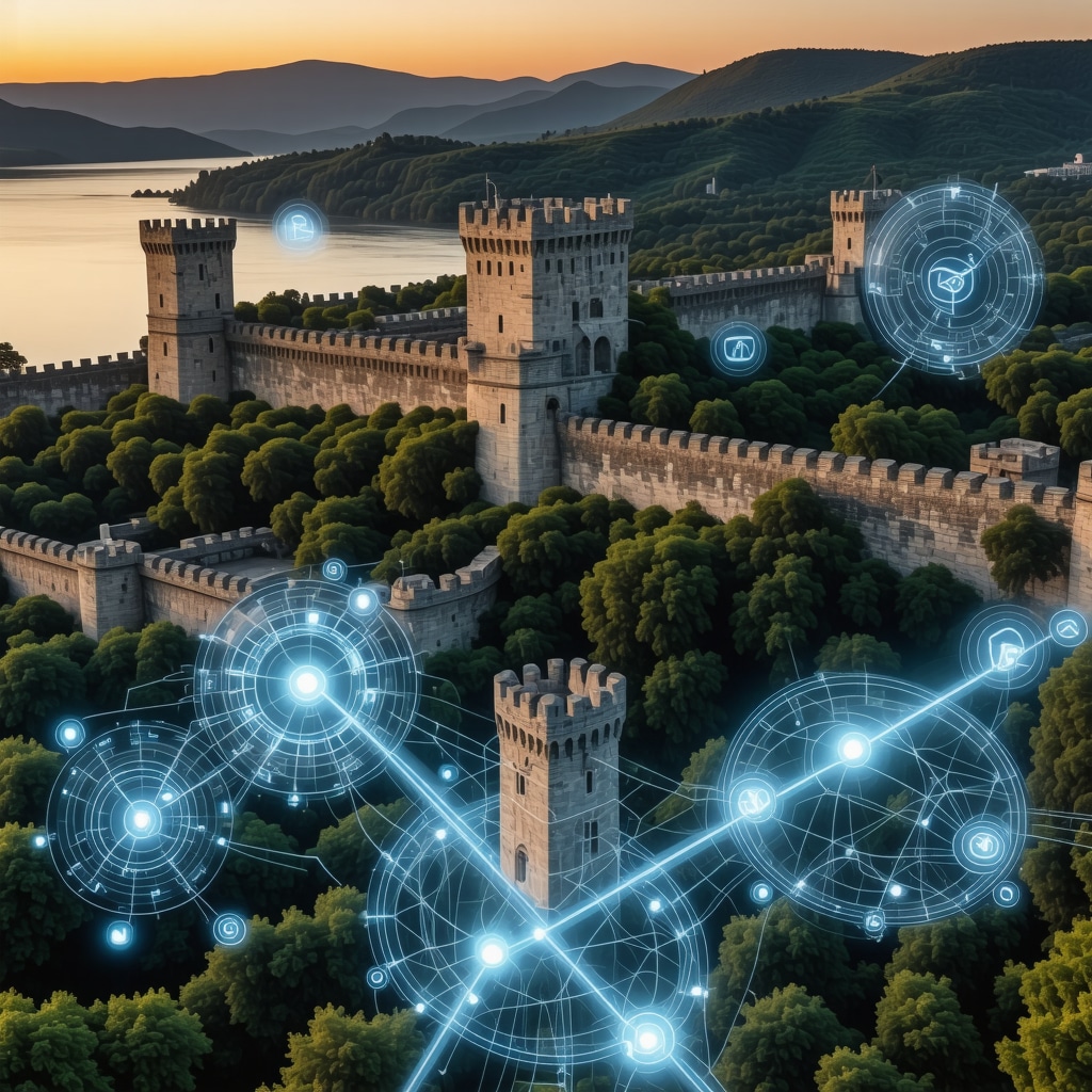 3D rendering showing Golubac Fortress enhanced with AR overlays and AI monitoring devices illustrating advanced conservation technologies
