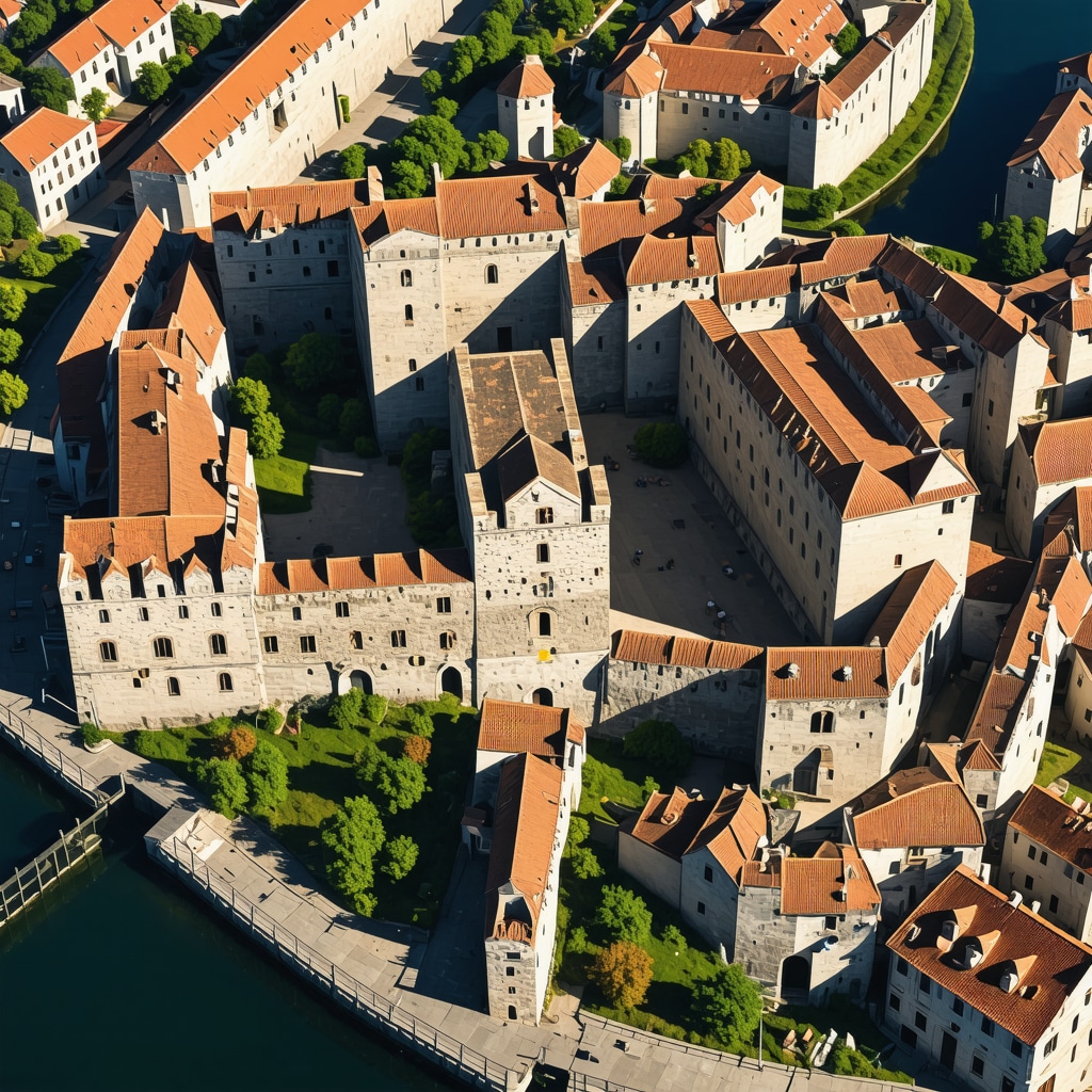Digital 3D scan showing Ptuj medieval fortress with highlighted restoration zones and architectural details
