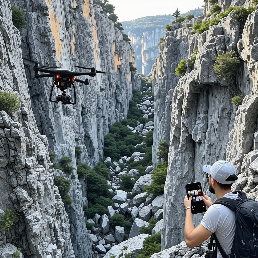 Drone and IoT sensors monitoring karst canyon environment with augmented reality app user on eco-trail
