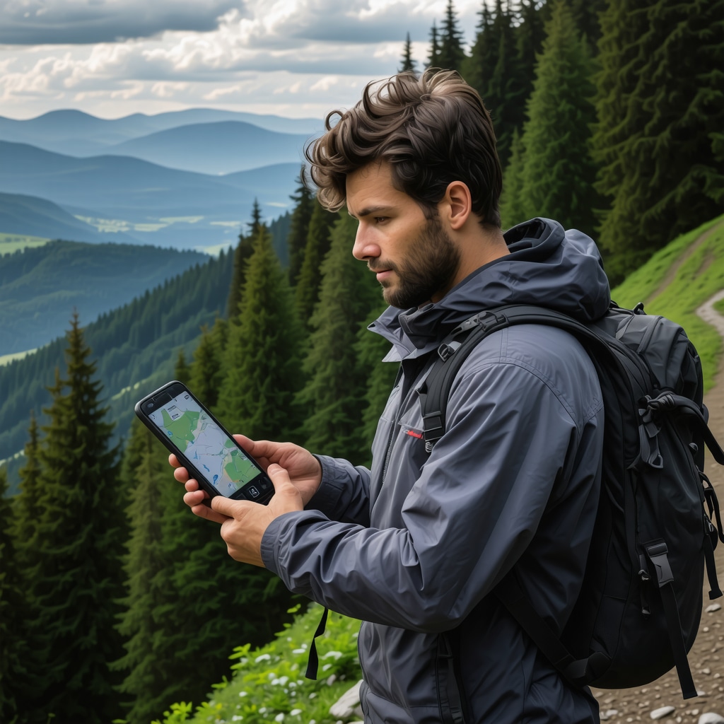 Hiker using GPS and map on Brașov mountain trail with forest and panoramic views