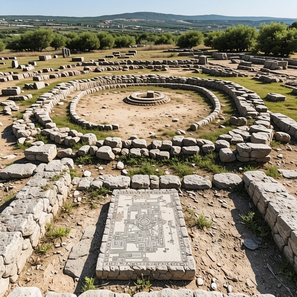Illustration of smart heritage conservation technology combining IoT sensors and augmented reality at an archaeological site in Çanakkale