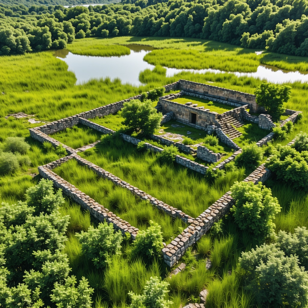Aerial photograph showing the ancient ruins of Butrint surrounded by green wetlands and natural landscape.