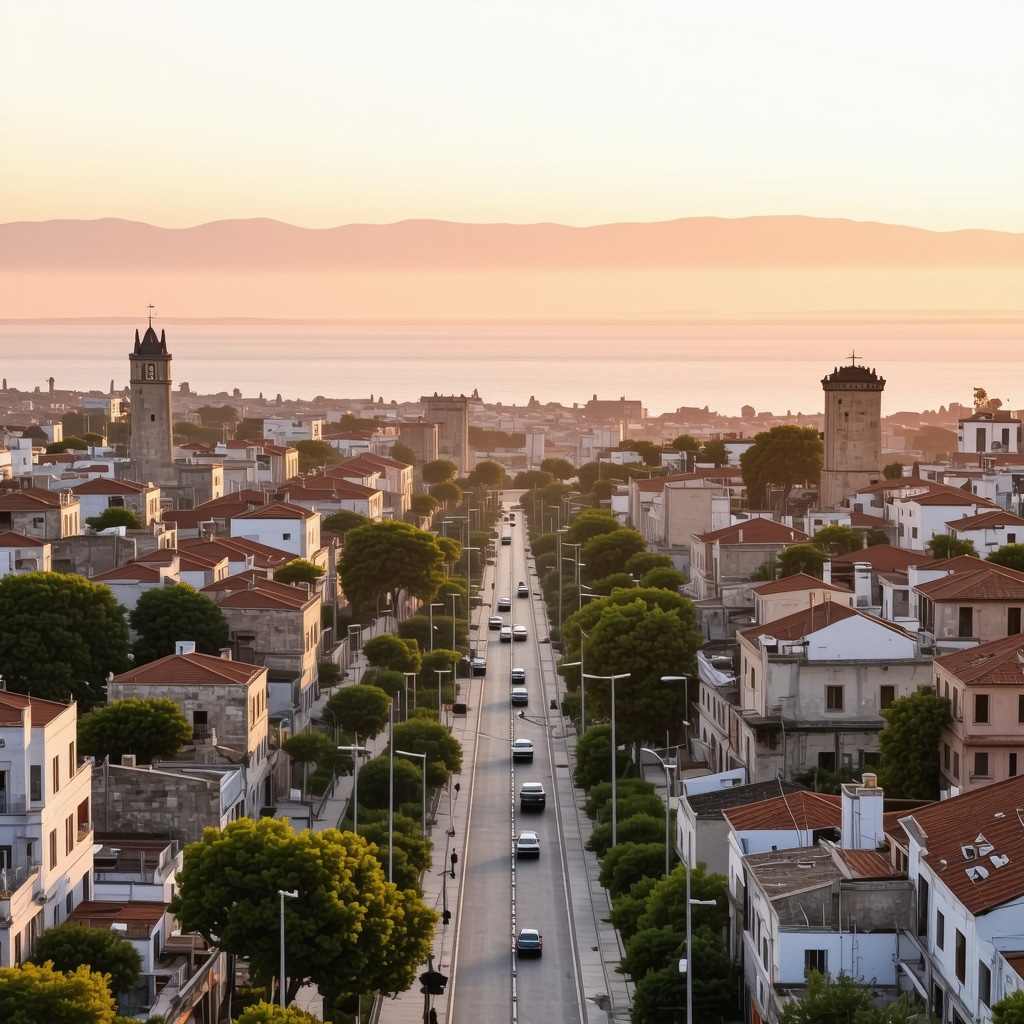 Aerial shot of Çanakkale showing ancient ruins, lively streets, and coastal scenery under sunset