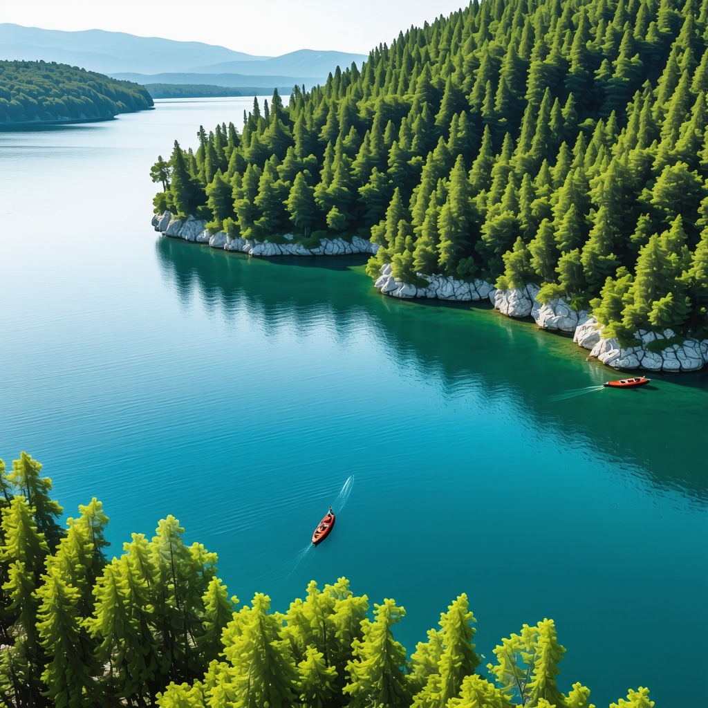 Panoramic aerial image of Mljet National Park with lakes, forests, kayakers, and digital ecological monitoring graphics