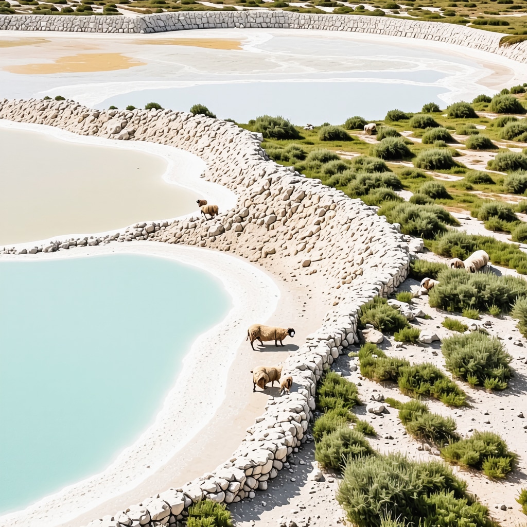 Salt pans and sheep grazing on wild flora on Pag Island under Mediterranean sunlight