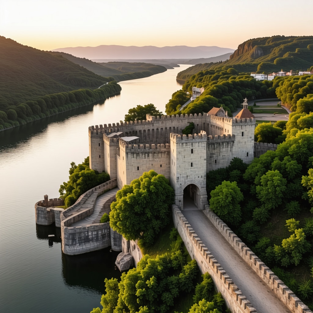 Drone view of Golubac Fortress with 3D scanning equipment along Danube River