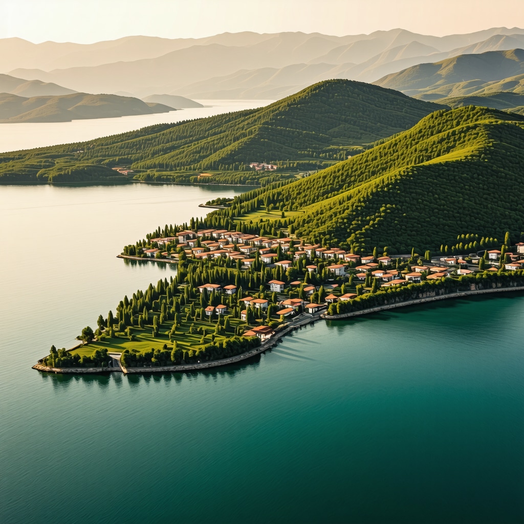 Aerial view of Ohrid city, Lake Ohrid, and UNESCO heritage sites during sunset