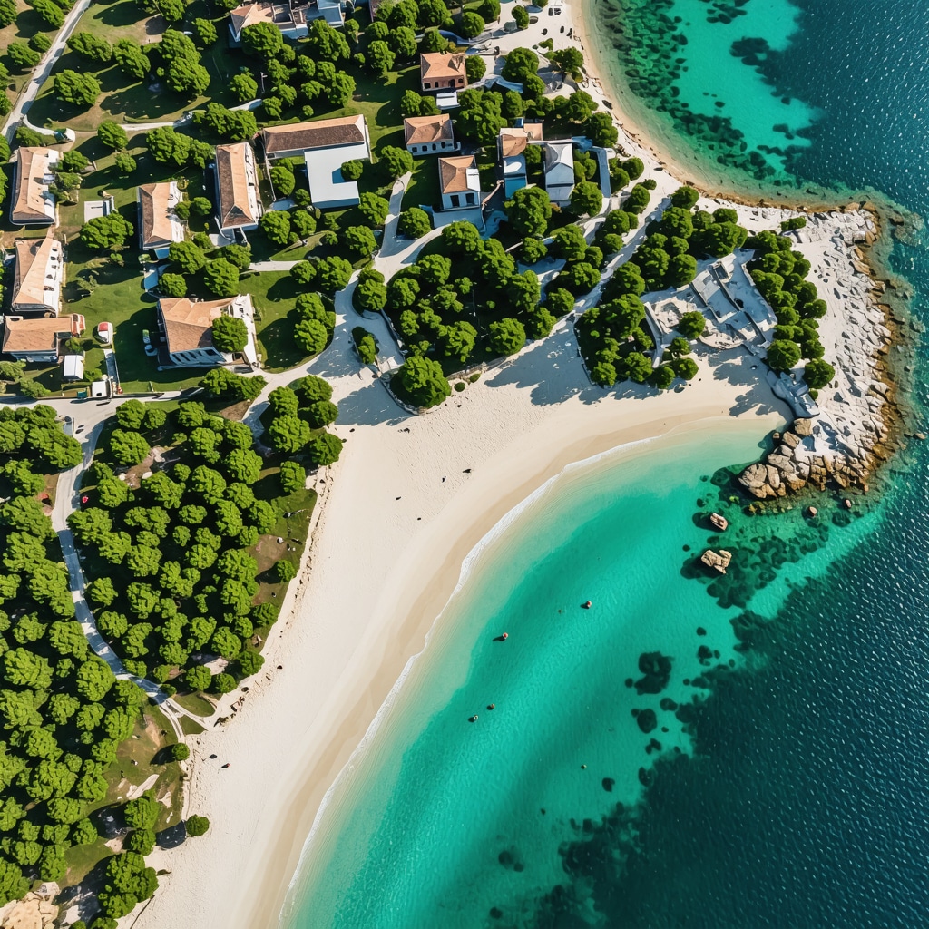 Aerial panoramic view showing Nin's pristine sandy beaches, crystal-clear Adriatic Sea, and historical Roman ruins with eco-friendly facilities