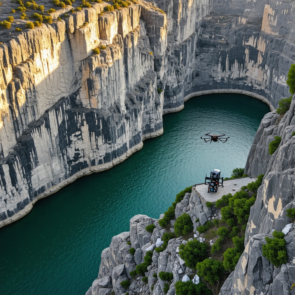 Aerial view of Matka Canyon with steep cliffs and drones monitoring the environment