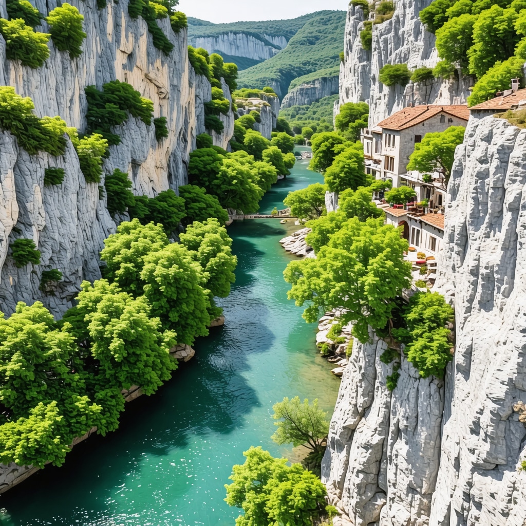 Drone aerial image of Blagaj village with the Buna river and Blagaj Monastery against cliff backdrop