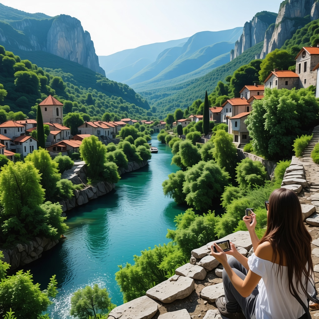 Aerial photograph of Blagaj featuring Buna river, Derviš Tekke, tourists using augmented reality devices, and surrounding green landscape