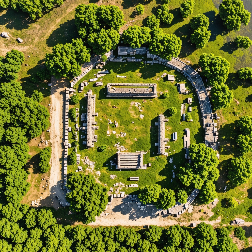 Aerial photo showing Butrint ruins amidst green wetlands and forest