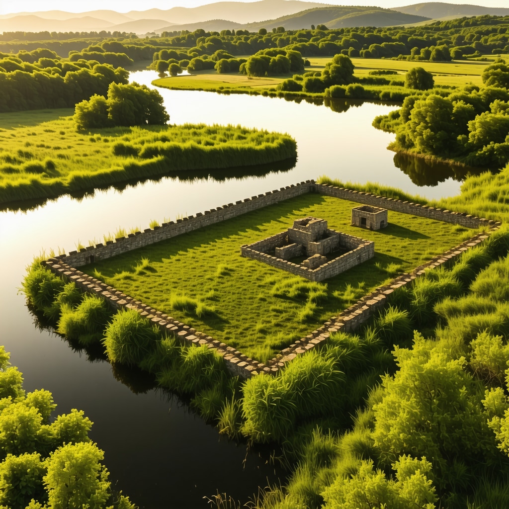 Drone aerial image showing Butrint archaeological ruins surrounded by green wetlands and birds at sunset