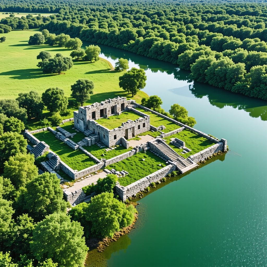 Aerial photo displaying the ancient ruins of Butrint surrounded by green wetlands and lake