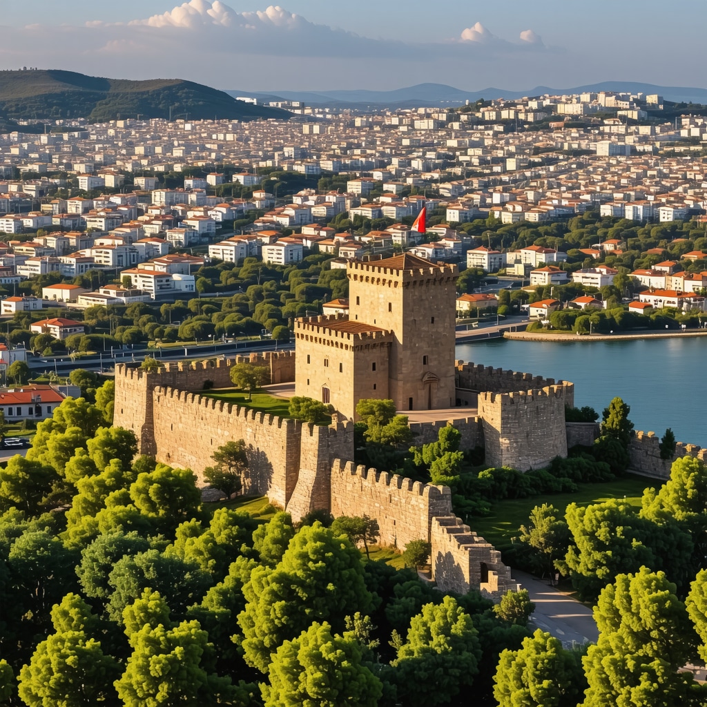 Aerial photo showing historic castle of Çanakkale, modern city, and Dardanelles Strait