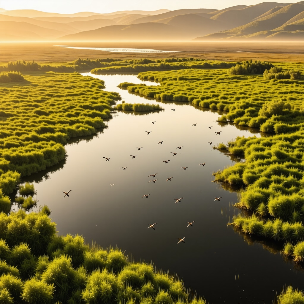 Aerial photograph of Divjakë-Karavasta Reserve wetlands with pelicans flying and eco-tourism paths visible at sunset