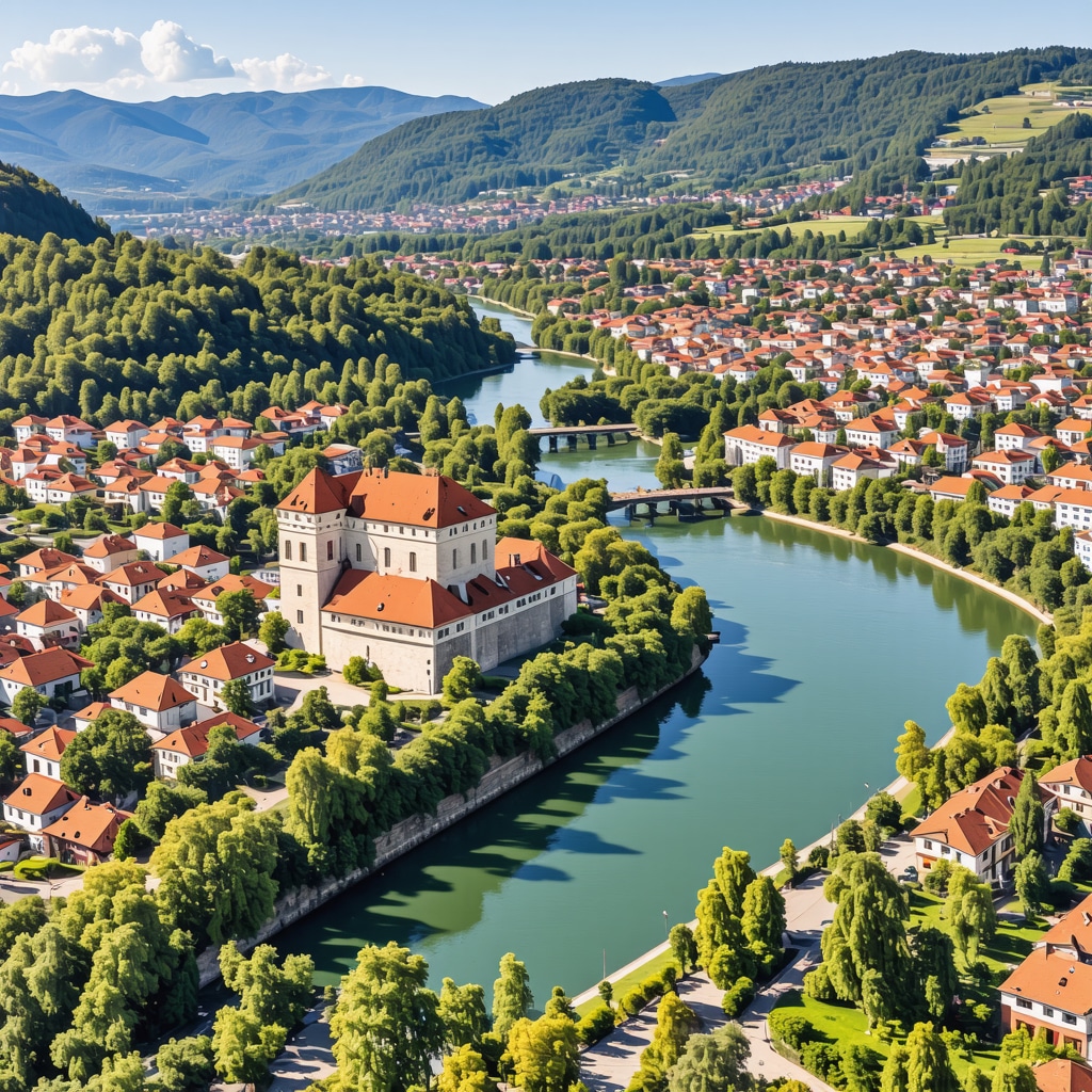 Aerial photograph of Kranj city featuring the medieval castle, river Sava, and alpine scenery under sunny weather