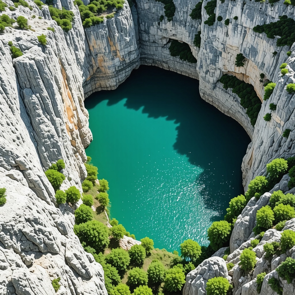 Aerial image of Matka Canyon with cliffs, lake and caves surrounded by forest