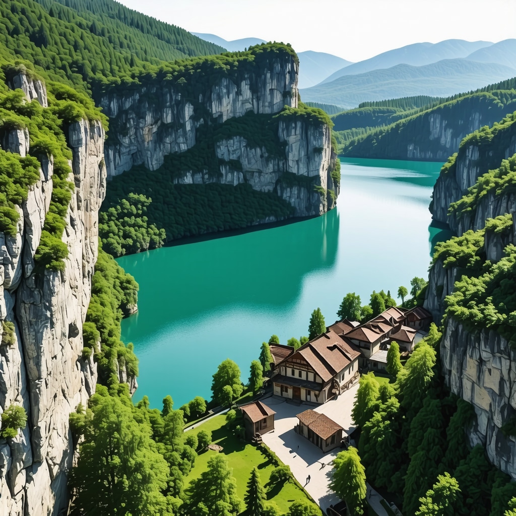 Aerial photograph of Matka Canyon showing turquoise lake, rocky cliffs, dense forest, and a monastery