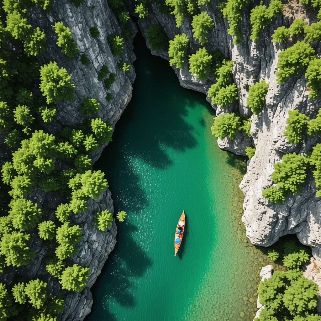 Aerial photo of Matka Canyon with kayaker on clear lake surrounded by lush forests and rocky cliffs