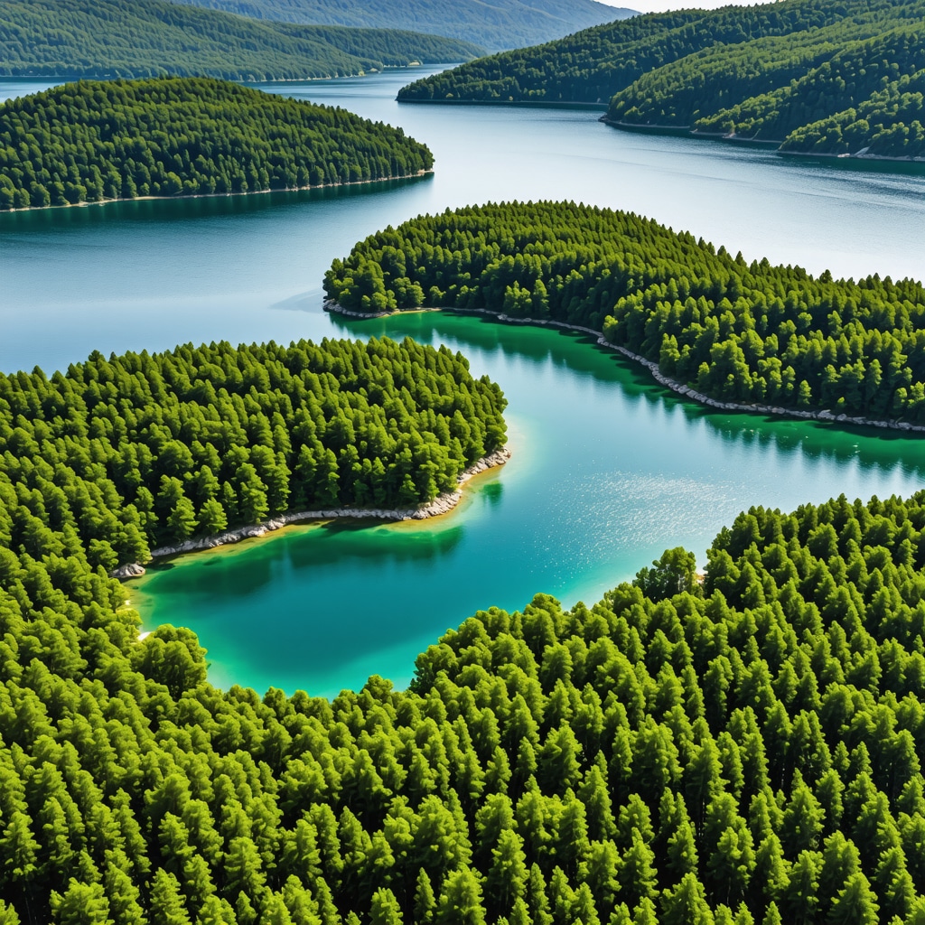 Aerial photograph showing Mljet National Park's forests, lakes, and sustainable tourism infrastructure