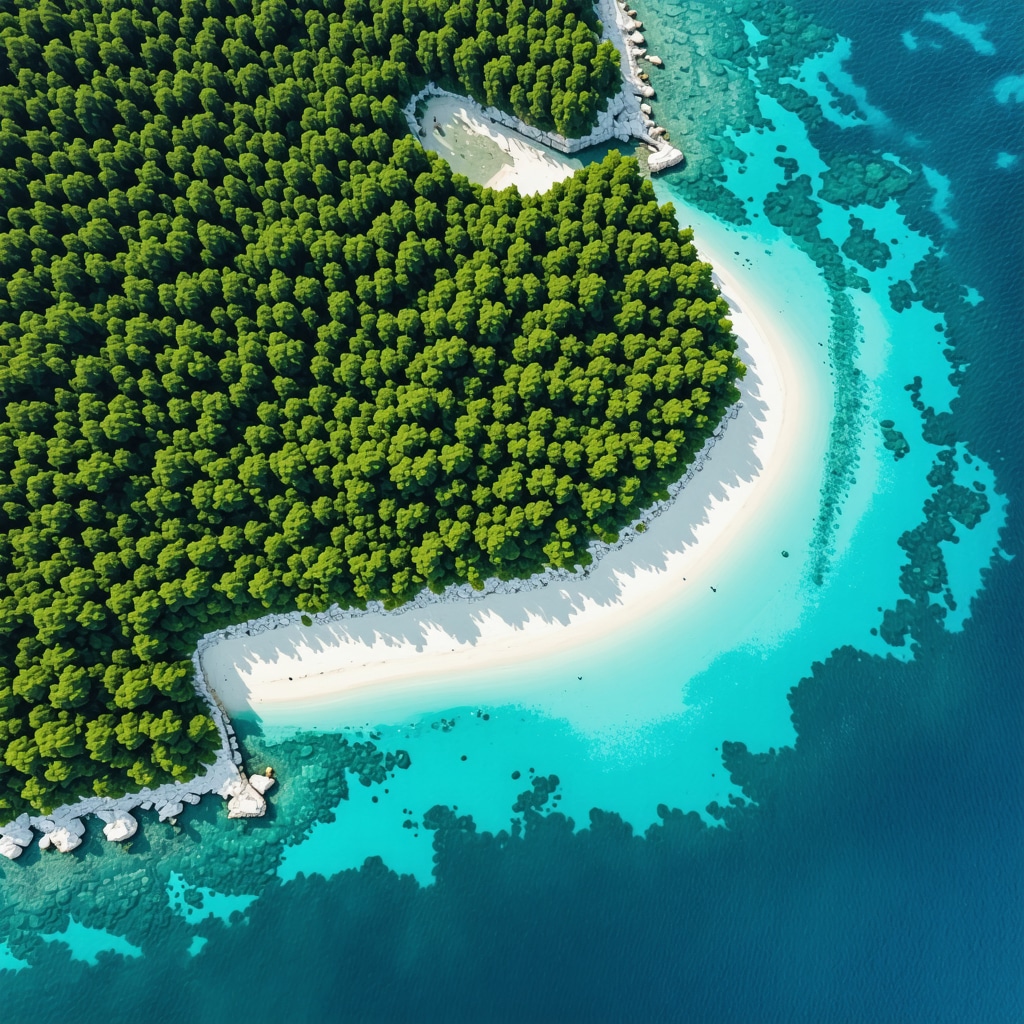 Aerial image of Mljet island highlighting wild beaches and forests with digital multispectral and GIS mapping overlays