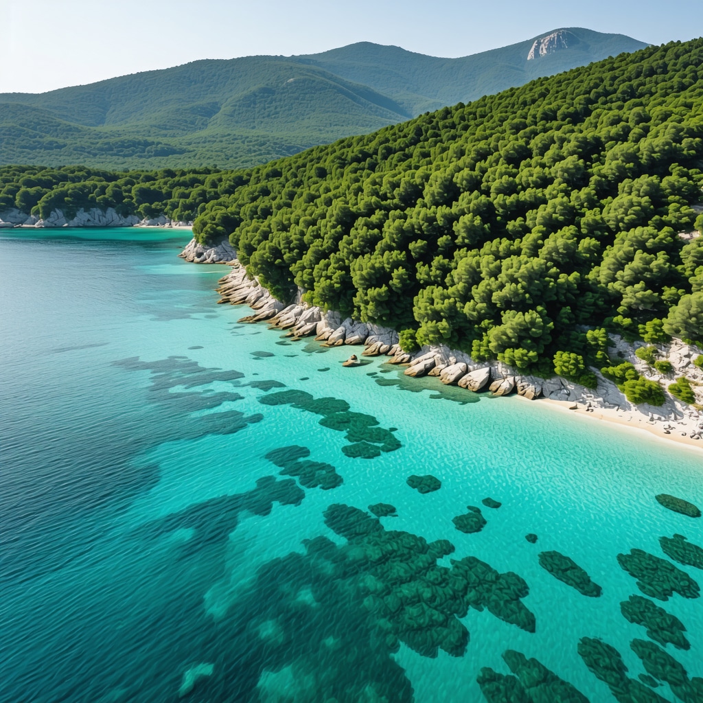 Aerial photo showing Mljet island's natural coastline with wild beaches and dense green forests