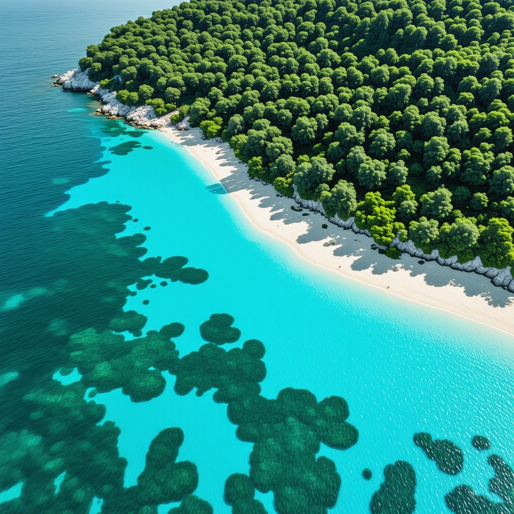 Aerial photograph showing Mljet island's wild beaches, dense forests, rocky shores, and underwater Posidonia oceanica meadows