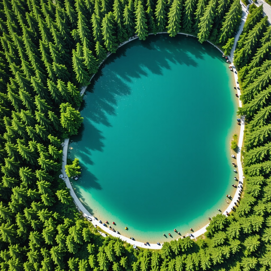 Aerial summer view of Plitvice Lakes National Park featuring lakes, forests, trails, and technology for sustainable tourism