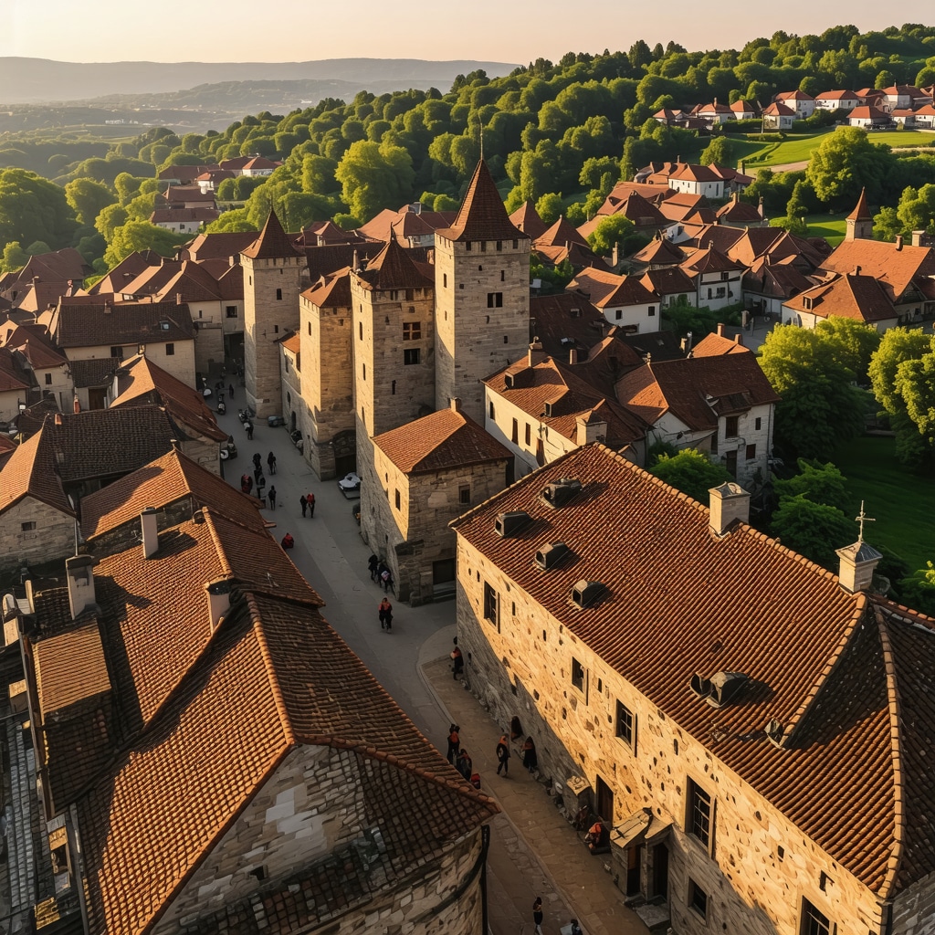 Aerial photo showcasing Sighișoara medieval citadel's architecture and conservation