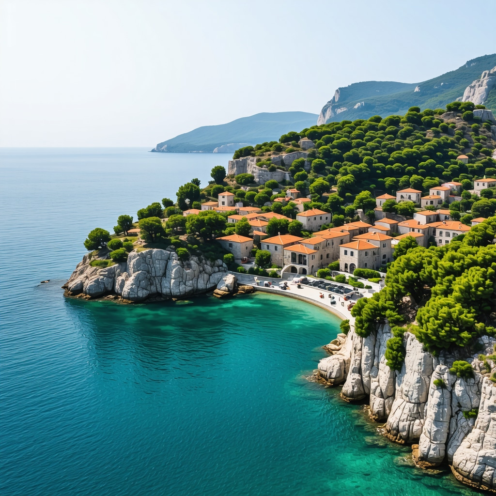 Aerial photograph showing the historic island of Sveti Stefan connected to the mainland, featuring luxury accommodations and natural landscapes.
