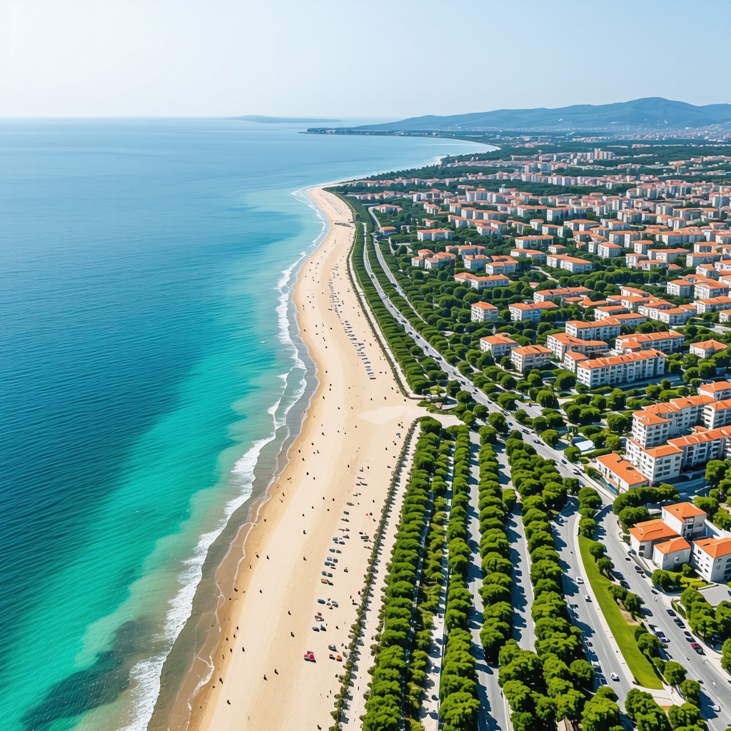 Aerial image of Varna coastline highlighting beaches, natural reserves, and cultural sites