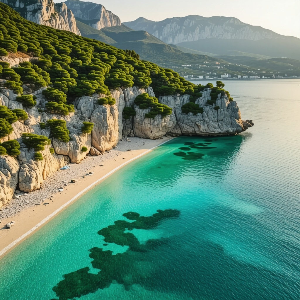 Aerial photograph showing a secluded beach with turquoise water and Mediterranean vegetation in Makarska
