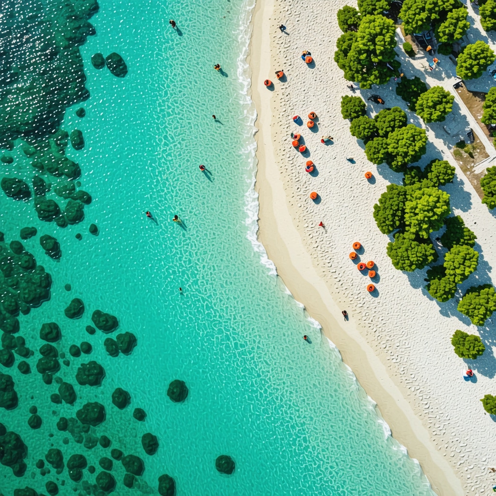 Aerial photo showing Vodice beaches with tourists and clear Adriatic sea supporting sustainable tourism