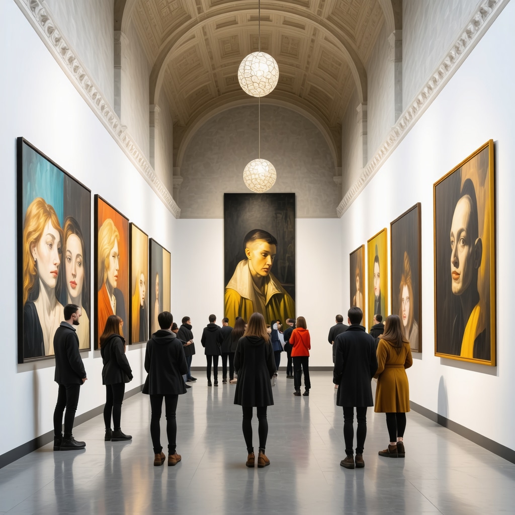 Visitors admiring contemporary art inside a historic restored building in Arad