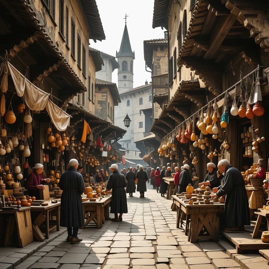 Artisans and tourists engaging in traditional crafts in a lively Veliko Tarnovo street