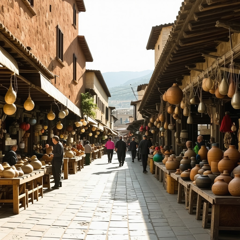 Street scene showing artisans and Ottoman-style architecture in Novi Pazar