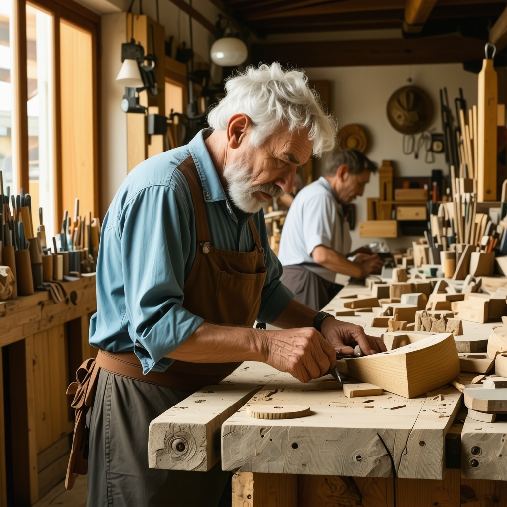 Meșter popular din Brașov demonstrând tehnici tradiționale de sculptură în lemn într-un atelier rustic