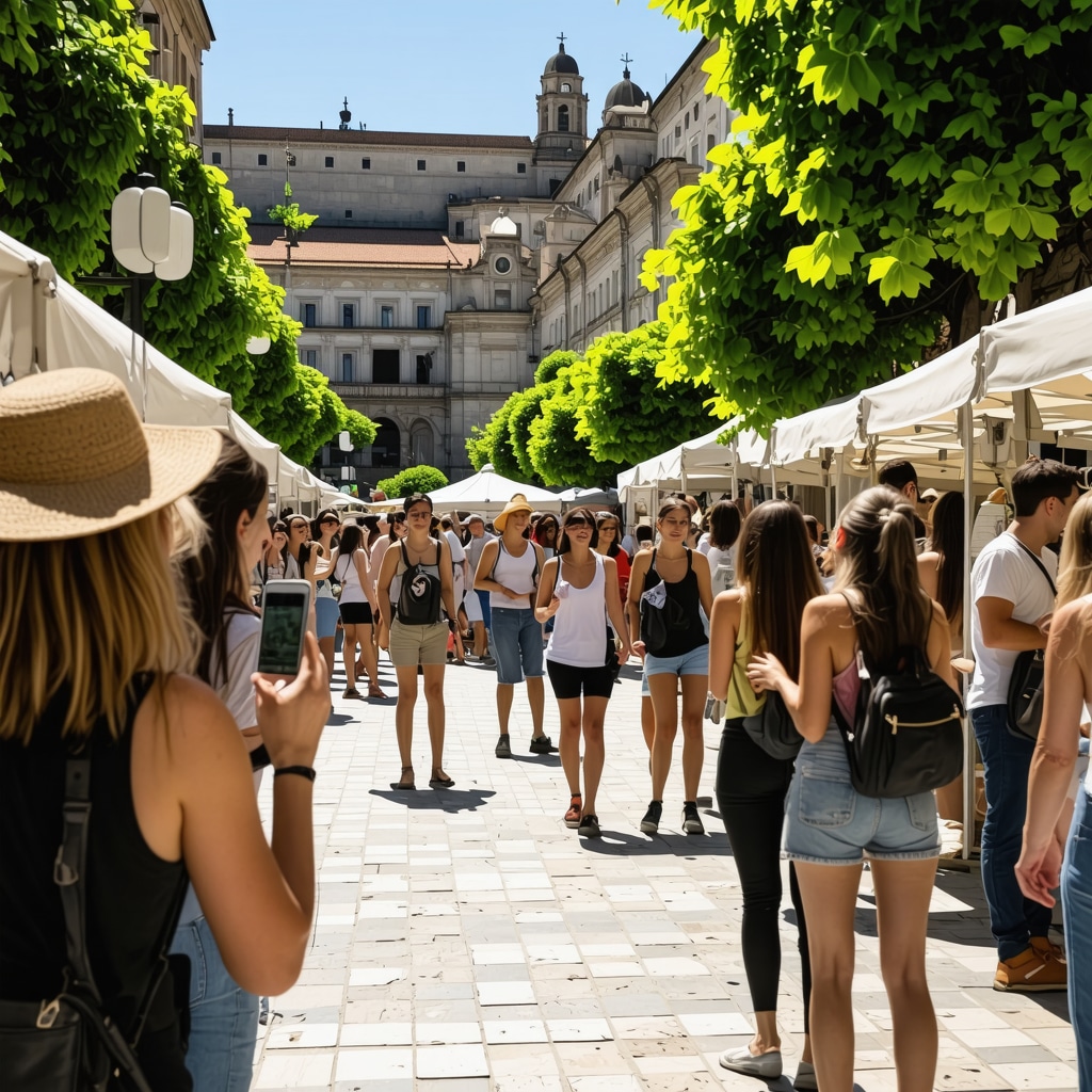 Tourists in Bitola using mobile apps for augmented reality tours amidst historic buildings and green urban spaces