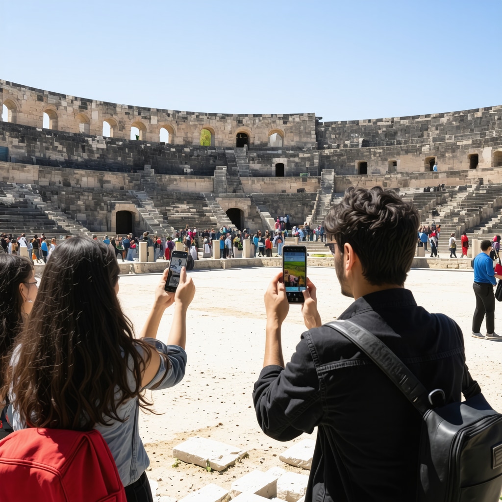 Tourist using augmented reality mobile app to explore Durres amphitheater with digital overlays