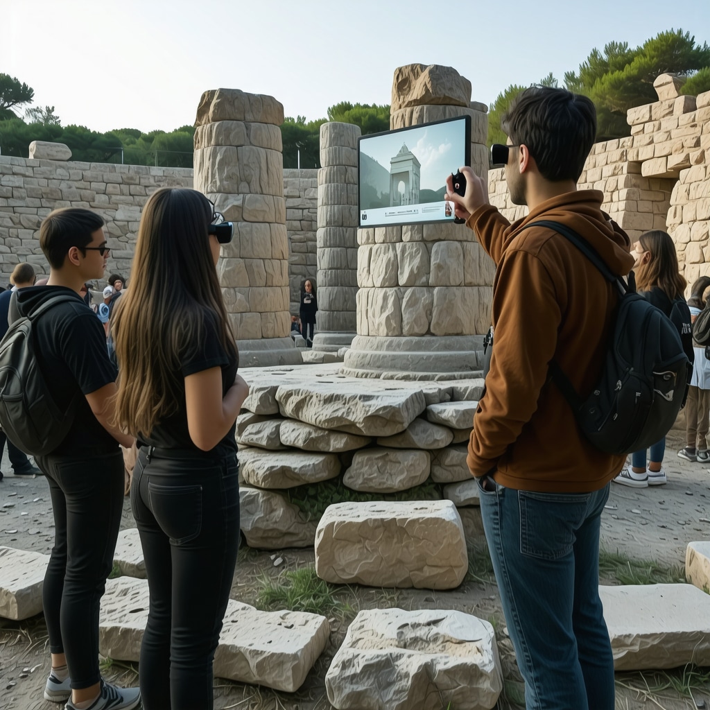 Tourists using augmented reality devices to explore ancient Troy ruins in Çanakkale